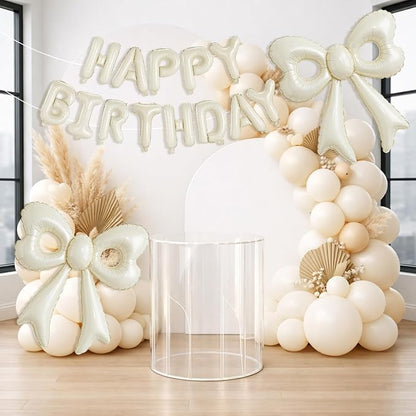 Cream Happy Birthday Balloons, 31”Huge Beige Bow Aluminum Foil Balloon Banner - Image 2