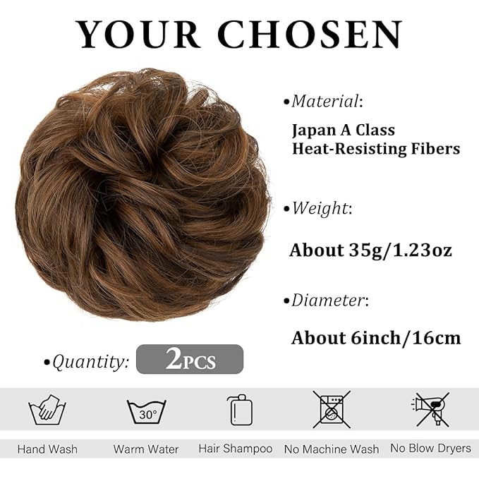 SARLA 2PCS Messy Hair Bun Hair Pieces Wavy Curly Synthetic Updo Fake Scrunchies Ponytail Extension for Women Chocolate