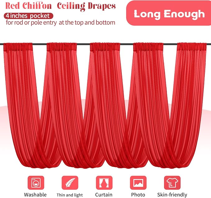 6 Panels Red Ceiling Drapes for Wedding 5ftx15ft Arch Draping Fabric Sheer - Image 3
