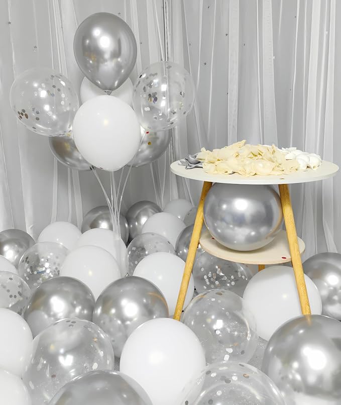 300 Pack White and Silver Balloons 12 Inch Silver Confetti Balloon - Image 5