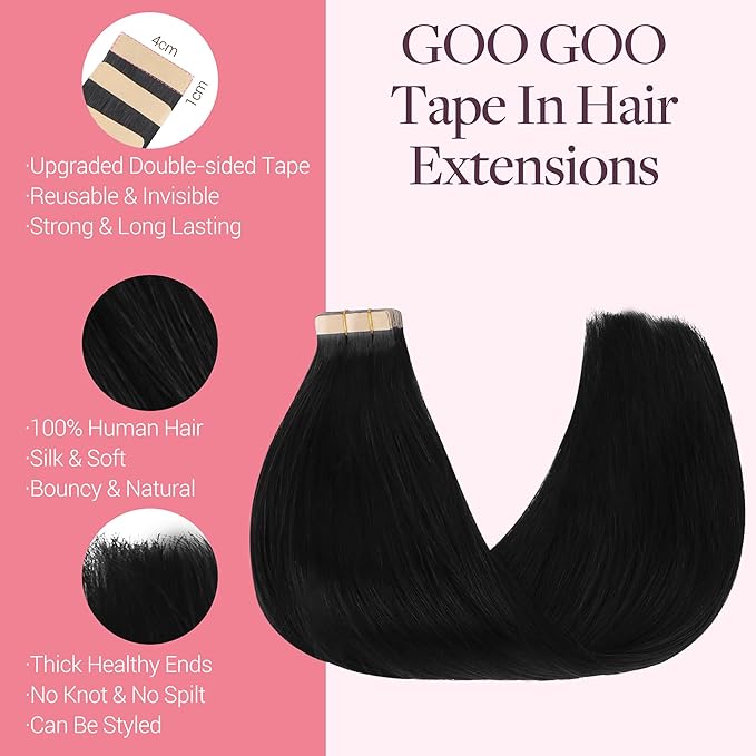 GOO GOO Tape in Hair Extensions Human Hair, 1 Jet black, 16inch 50g 20pcs, Skin Weft Seamless Invisible, Silky Straight with Thick Ends, Remy Human Hair