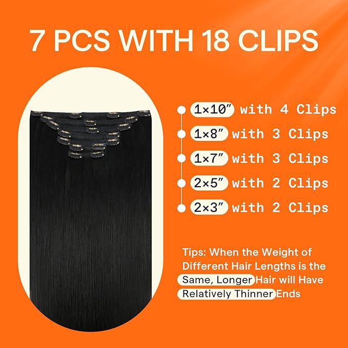 Full Shine Black Human Hair Clip in Extensions Triple Weft Remy Hair Extensions Clip ins Black Hair Extensions Real Human Hair for Women 12 Inch 7 Pcs 95 G