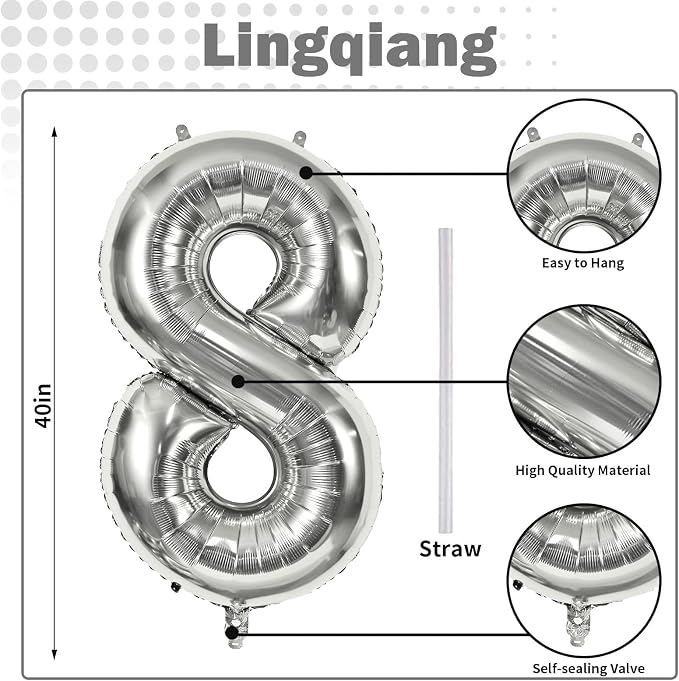 Silver Foil Balloon Number 8 for Boys, Large Number 8 Helium Balloon for Women - Image 2