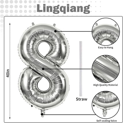 Silver Foil Balloon Number 8 for Boys, Large Number 8 Helium Balloon for Women - Image 2