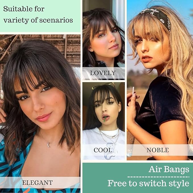 NAYOO Bangs Hair Clip - Light Brown Fake Bangs 100% Real Human Hair Extensions Wispy Bangs for Women Fringe with Temples Hairpieces Curved Bangs for Daily Wear(Light Brown, Wispy Bangs)