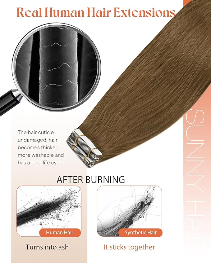 Sunny Hair Tape in Hair Extensions Real Human Hair Invisible Remy Hair Extensions Tape ins for Women Light Brown 24 inch 20Pcs