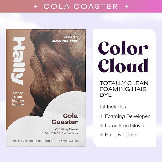 Hally Hair Color Cloud Hair Dye (Cola Coaster) - Demi-Permanent Foam Hair Color for Women & Men - Mess-Free & Long-Lasting Hair Dye Kit, Hair Coloring Products Wash Out in 4-6 Weeks, Vegan
