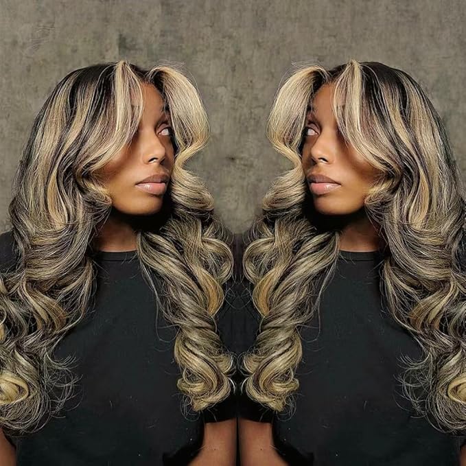 FB/27 Balayage Highlight Lace Front Wig Human Hair 13x6 HD Lace Front Wigs Human Hair Body Wave Wig 180% Density Glueless Wig for Black Women Colored Wigs Human Hair 20 Inch Highlight Wig
