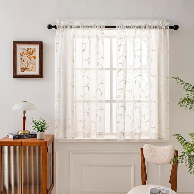 White Sheer Curtains Beige Embroidered Leaves 2 Panels 54Wx54L | Light by VISIONTEX