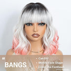 NOBLE Colourful Short Bob Wigs with Bangs for Women 3 Tone Ombre Greyish white root to Pink Color Short Wavy Bob Hair Wig Shoulder Length Synthetic Heat Resistant Bob Wigs