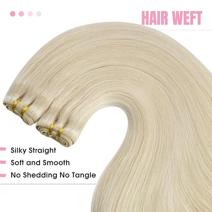 YoungSee Blonde Hair Extensions Weft Platinum Blonde Hand Tied Weft Hair Extensions Human Hair Dyable Sew in Hair Extensions Real Human Hair 16in 100g