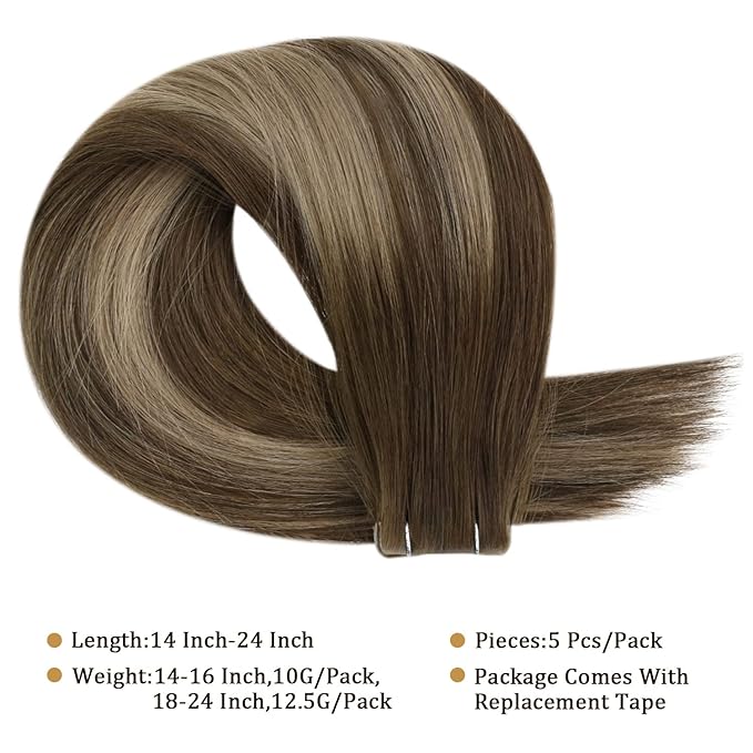 Full Shine Virgin Tape in Hair Extensions 5Pcs 14 Inch Injection Tape in Extensions Human Hair Color 4 Medium Brown Fading to 27 Honey Blonde And Brown Seamless Tapes in Human Hair for Women 10 Gram