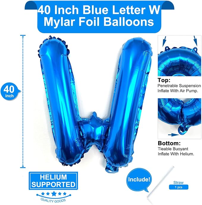 Lovoir 40 Inch Large Blue Letter W Balloons Big Size Jumbo Mylar Foil Helium - Image 2