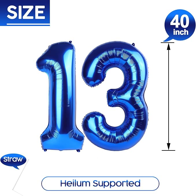 13 Balloon - Metallic Blue Birthday Number Balloons, 40 Inch Decorations | - Image 5
