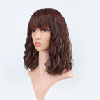 FAELBATY Short Brown Wig Highlight Gold Wigs With Bangs Women's Reddish Brown Mixed Blonde Bob Wig Curly Wavy Synthetic Cosplay Wig Shoulder Length Wig for Girl's Costume Wigs (12" 33/27)
