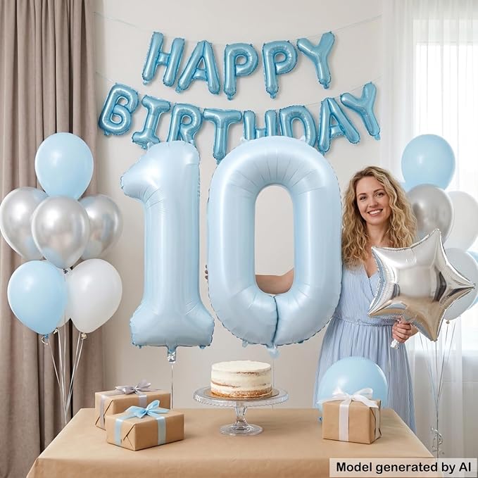40" Light Blue Foil Number 10 Balloon - Image 3