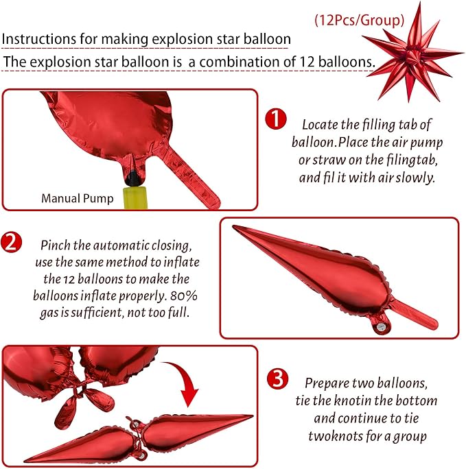 60Pcs Red Star Balloons 12 Point Cone Explosion Star Foil Balloon | 60 Pcs Red - Image 3