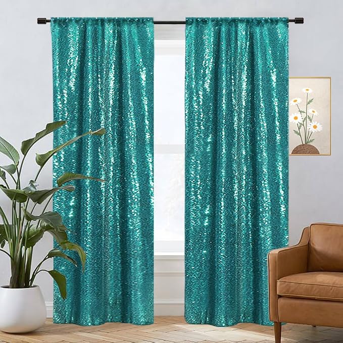 Eternal Beauty Teal Sequin Backdrop Curtains, 4 Panels 2x8FT | 3mm Sparkle - Image 8