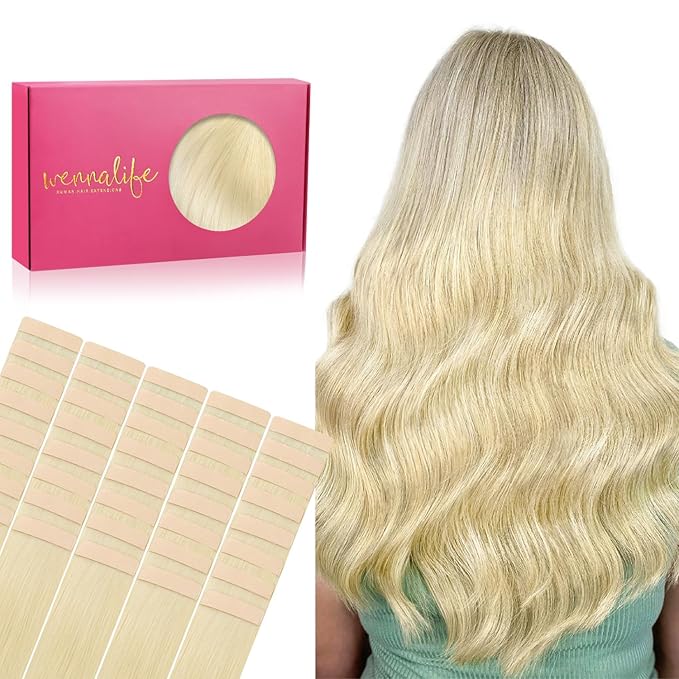 WENNALIFE Tape in Hair Extensions Human Hair, 40pcs 100g 24 inch Bleach Blonde Straight Invisible Reusable Real Hair Extensions