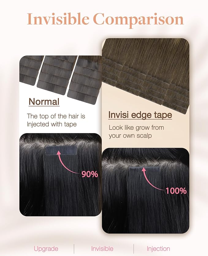 GOO GOO Invisi Edge Tape in Hair Extensions Human Hair, 4/26/4 Balayage Chocolate Brown to Honey Blonde 10pcs injected with 10pcs classical tape ins, 22inch 50g, Virgin Remy Hair, Natural Look