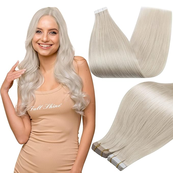 Full Shine PU Tape in Hair Extensions Color 1000 Blonde 22 Inch Remy Skin Weft Adhesive Straight Hair Extension 50g Double Sided Tape ins Human Hair Extension Silky Smooth 20Pcs for Wedding