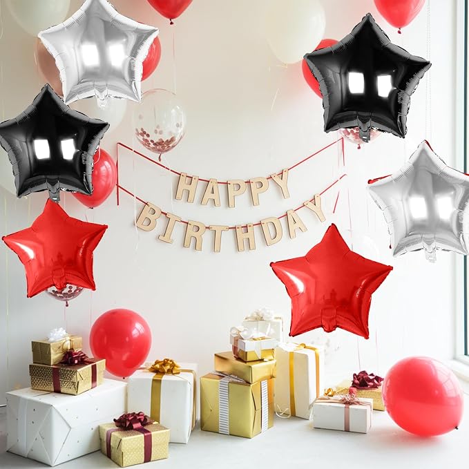 Red Black Silver Star Foil Balloons, 18 Inch Red and Black Stars Balloons - Image 4