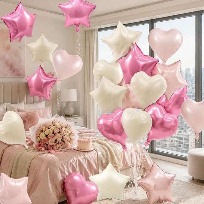 TONIFUL 18 Inch Cream Pink Star and Heart Foil Balloons - Image 6