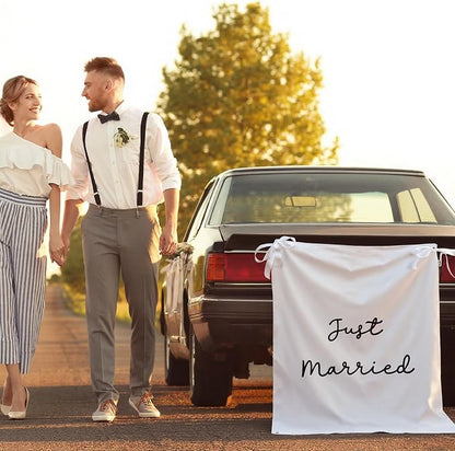 Oudain 29x39 Inch Just Married Burlap Banner, Wedding Fabric Backdrop - Image 4
