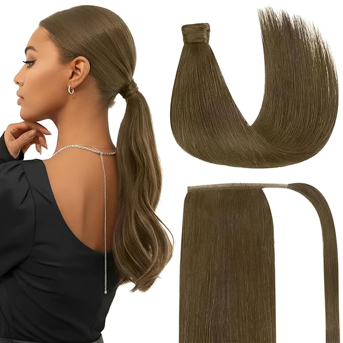 Ve Sunny Hair Extensions Ponytail Real Human Hair 80G Wrap Around Clip in Ponytail Hair Extensions Straight Extensions Human Hair for Women Light Ash Brown 14inch