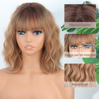 MISSQUEEN Short Blonde Wig with Bangs Synthetic Curly Wavy Ombre Blonde Wigs for Women Bob Wavy Wig Daily Use