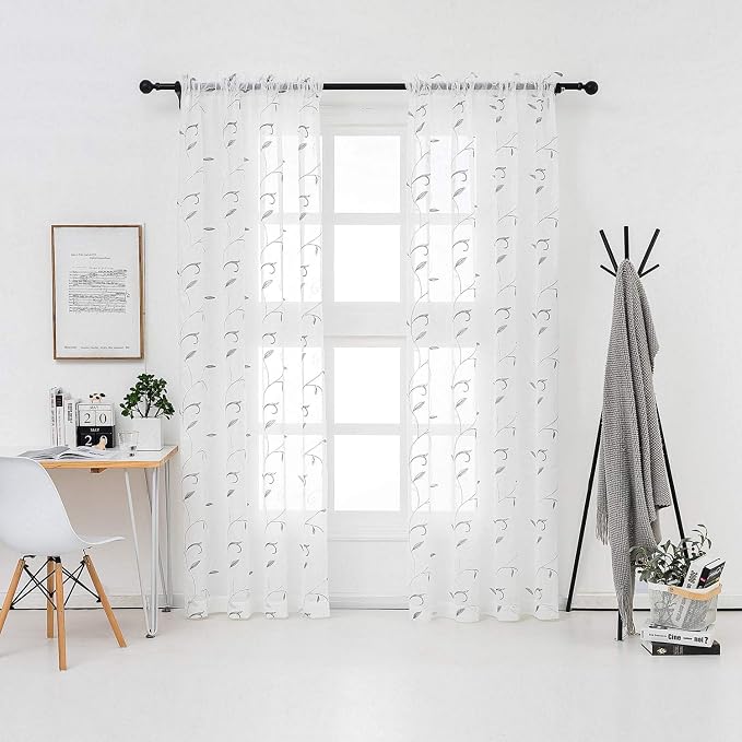 White Sheer Curtains Grey Embroidered Leaves 2 Panels 54Wx108L | Light - Image 2