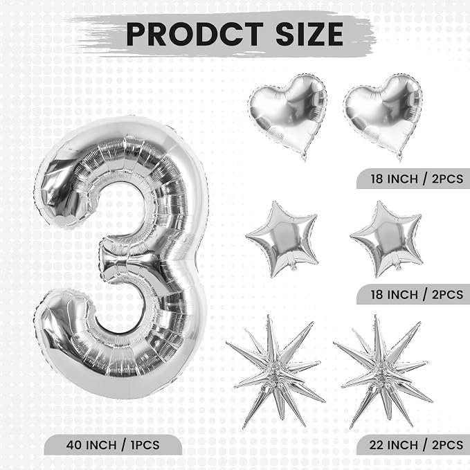 TONIFUL 3rd Birthday Balloons Kit 40Inch Silver Large Number 3 Foil Balloon | - Image 2