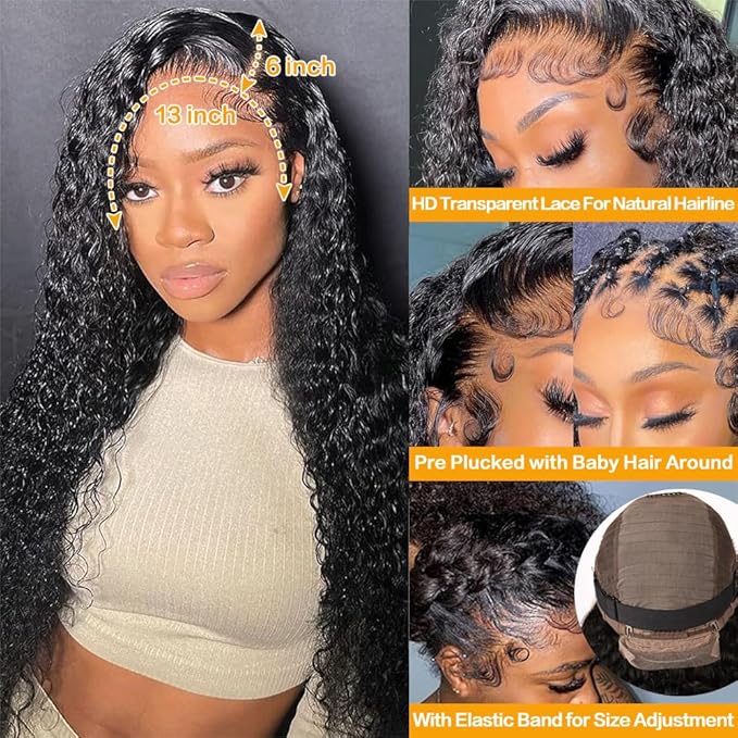 Deep Wave Lace Front Wigs Human Hair 200 Density 13x6 HD Lace Frontal Wigs Human Hair Pre Plucked Deep Curly Glueless Wigs Human Hair for Women Natural Black 24Inch