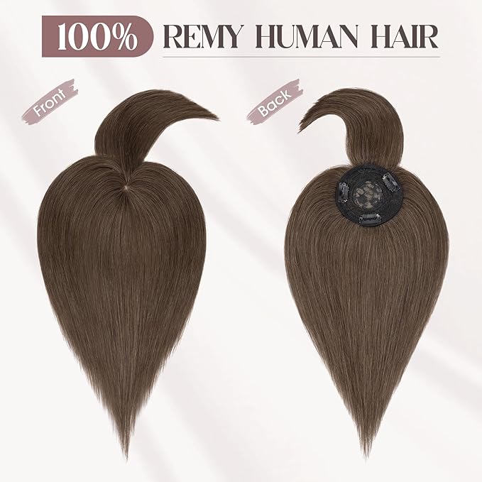 MY-LADY Human Hair Toppers for Women Real Human Hair with Bangs Thin 8.5 * 8.5CM Mono Base Clip in Remy Hairpieces Light Weight 10 Inch Dark Brown