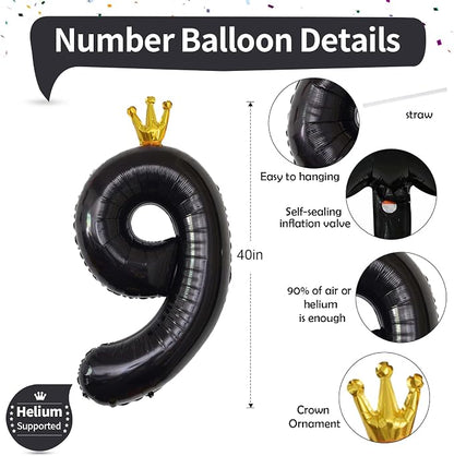 Isndare 40 Inch Crown Black Number 9 Balloon, All Ages - Image 2