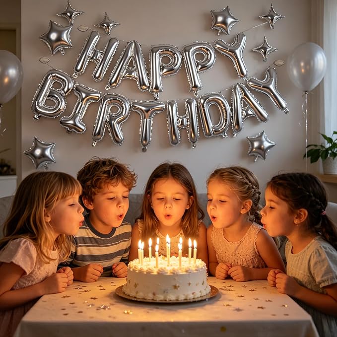 Silver Happy Birthday Balloons Banner 16 Inch Mylar Foil Letters, 10 Inch Five - Image 4