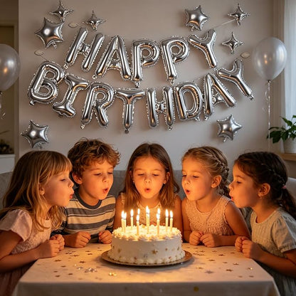 Silver Happy Birthday Balloons Banner 16 Inch Mylar Foil Letters, 10 Inch Five - Image 4