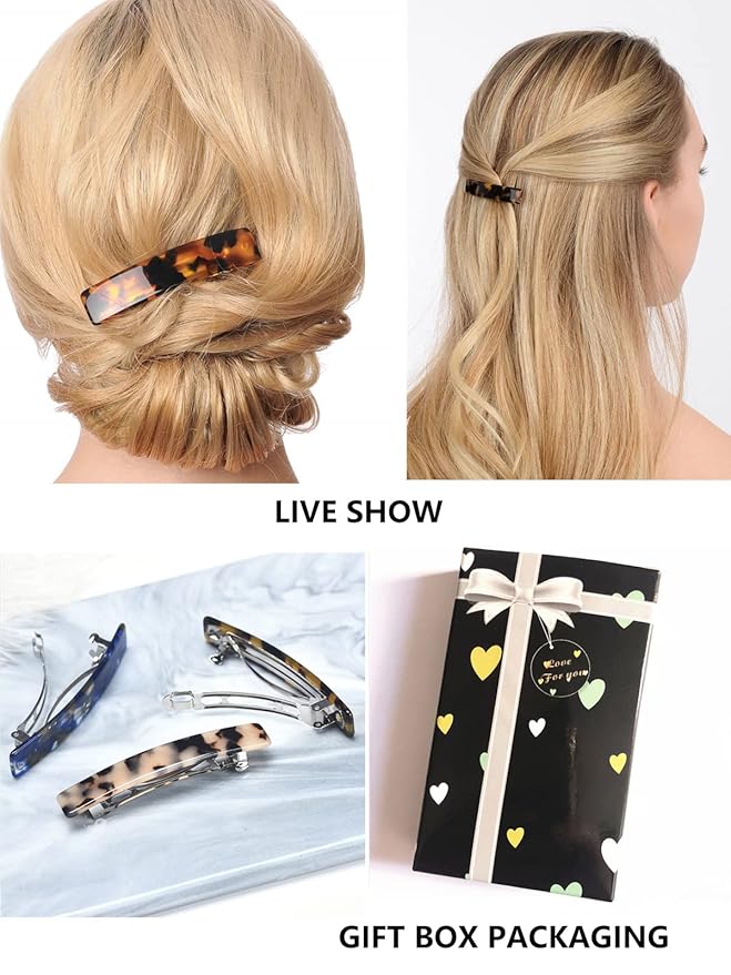 Fsmiling Hair Barrettes for Women French Hair Barrette Clip Small Acetate Hair Clips Barrette No Slip Hair Accessories 3-Pack