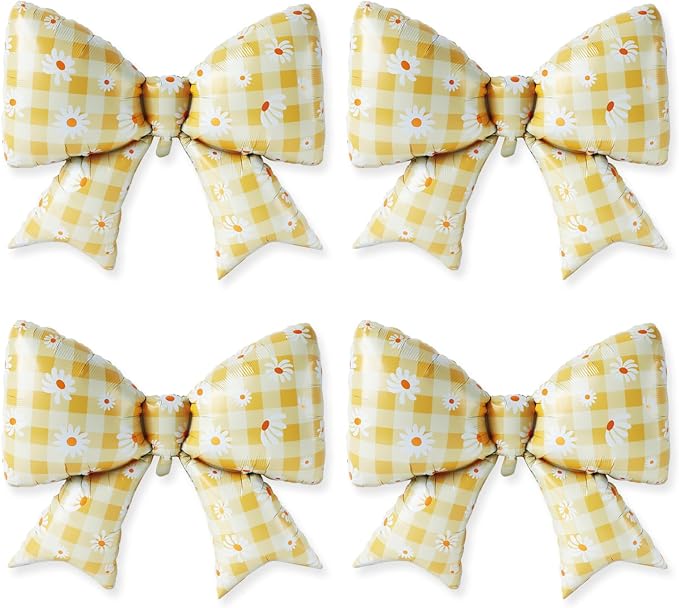 4 PCS Daisy Bow Balloons, Large Yellow Gingham Coquette Foil Balloon Set | by Unknown