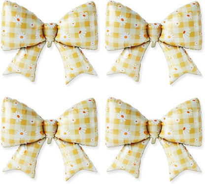 4 PCS Daisy Bow Balloons, Large Yellow Gingham Coquette Foil Balloon Set | by Unknown
