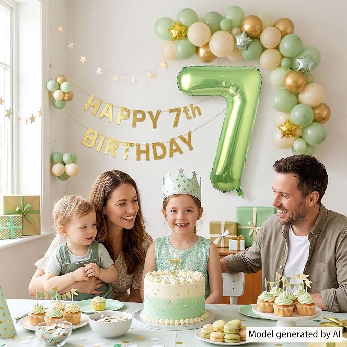 Light Green Number 7 Balloon 40 Inch, Glossy Metallic Digit Party Supplies | - Image 6