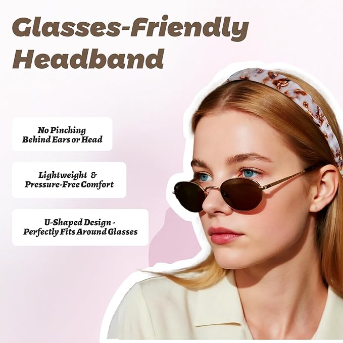 Acetate Hairbands for Women - Non-Slip Thin Headbands with Teeth, Eyewear-Friendly Design, 90s Retro Hair Accessories, No Pressure & No Headache Sunglasses Headband (Amber Brown)