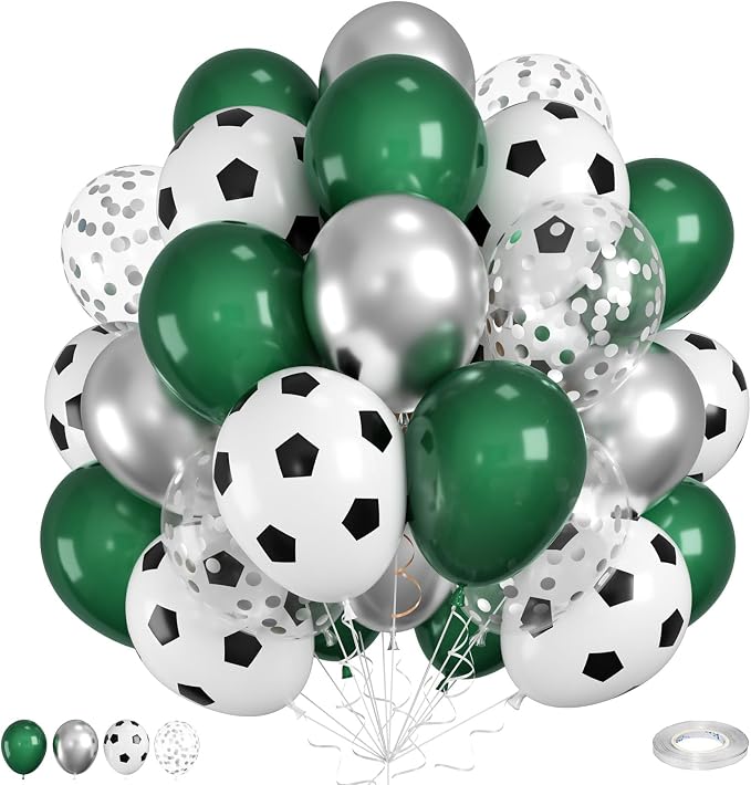 Soccer Balloons, 12 Inch Soccer Printed Balloons Dark Green White Silver Latex by FunHot