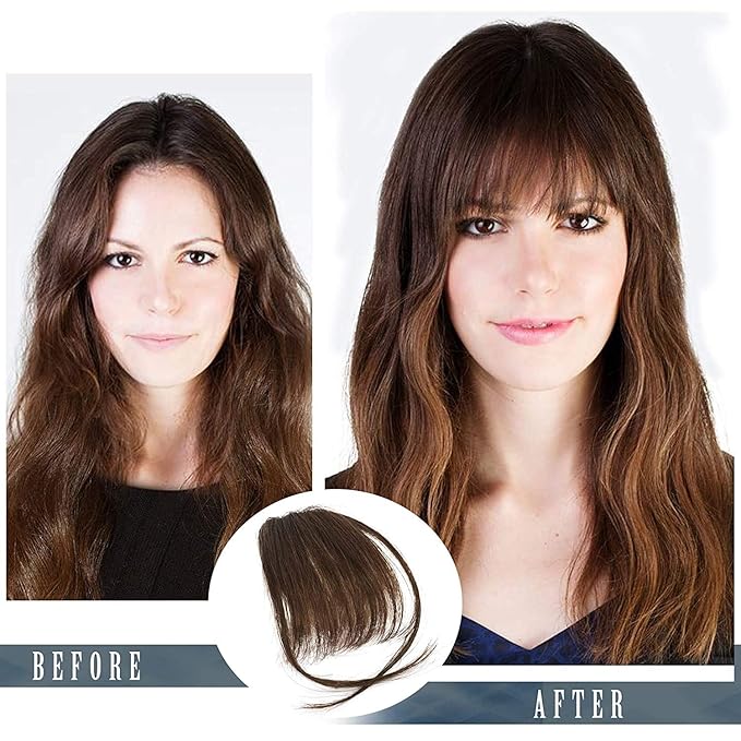 BARSDAR Real Human Hair Clip in Bangs - Human Hair Clip in Bangs for Women - Medium Brown Thick Bangs Extensions Fringe with Temples Real Hair Bangs Hairpieces - Medium Brown
