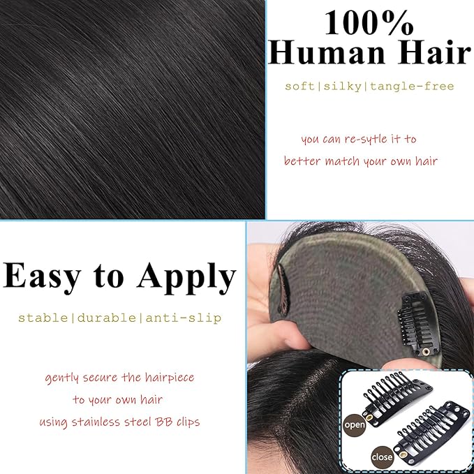 Short Human Hair Topper for Women with Hairloss,Invisible Clip in Texture Wavy Topper Hairpiece with Large Mesh 6.3x7 Ins and Silk Top Base Natural Fluffy Wiglet Hairpiece Natural Black