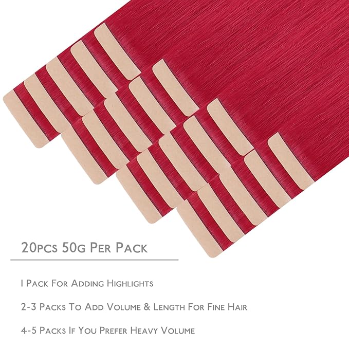 WENNALIFE Tape in Hair Extensions Human Hair, 20pcs 40g 12 inch Red Remy Hair Extensions Straight Human Hair Tape in Extensions Skin Weft Tape Extensions Human Hair