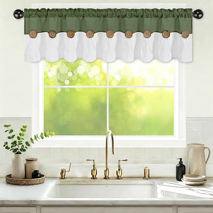 Farmhouse Valance Curtains, Boho Cotton Linen Kitchen Valance, Rustic Button - Image 2