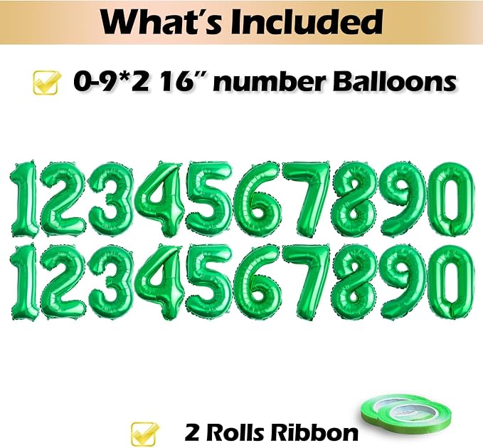 20 Pcs Green 16" Number Balloons 2 Sets 0-9 Foil Balloon Numbers Décor | Glossy - Image 2