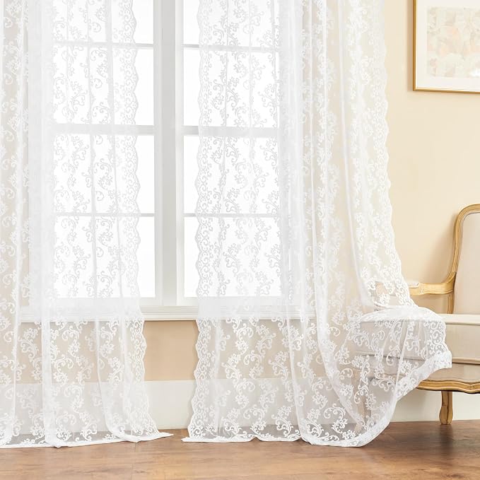 White Lace Curtains 102 Inches Long 2 Panels Paisley Floral Sheer Curtains - Image 2