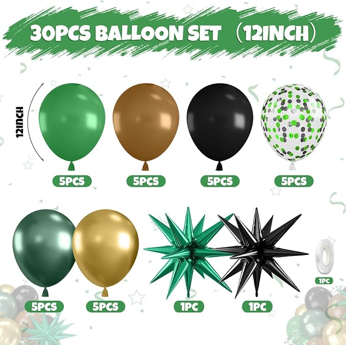Green and Brown Balloons, 12 Inch Dark Green Black Metallic Green Gold Balloon - Image 2